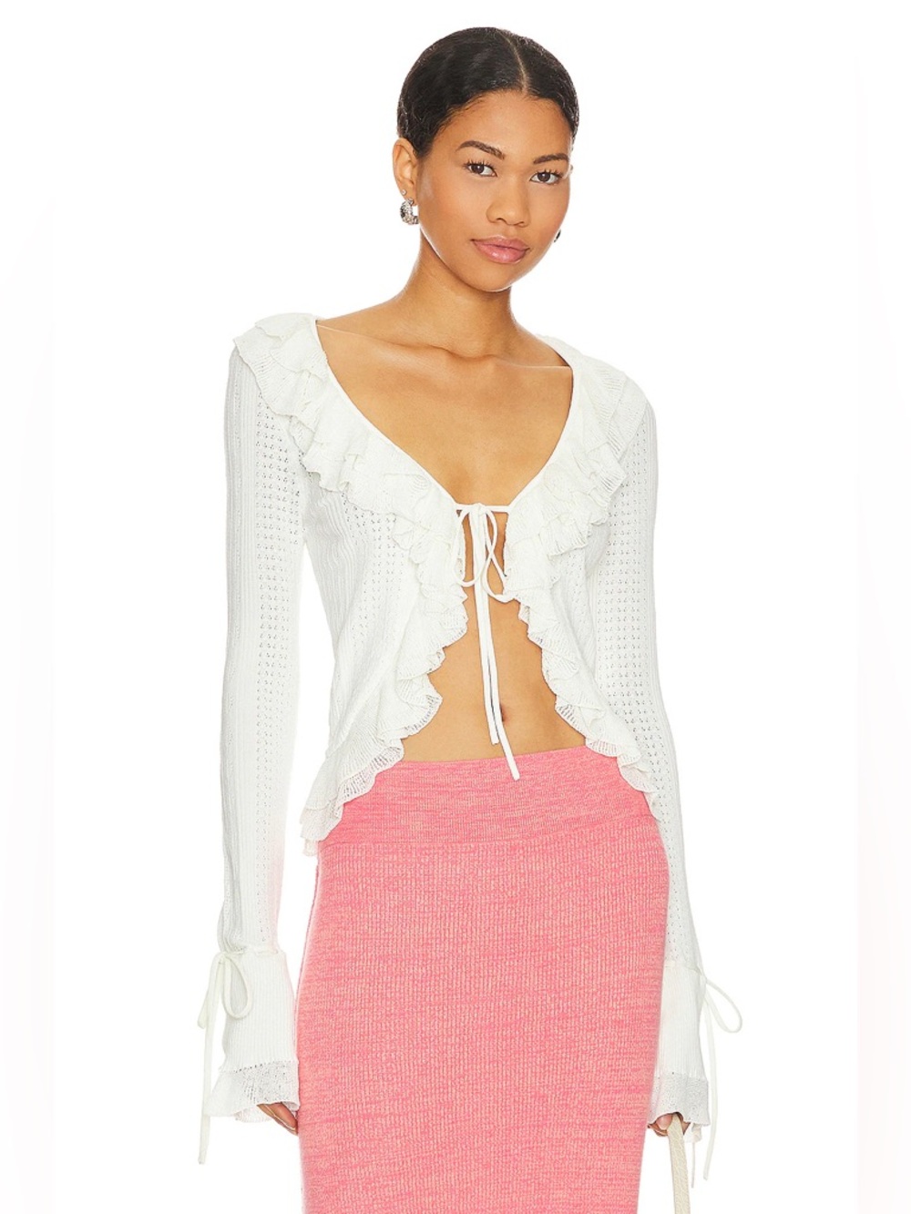 MAJORELLE White Ruffle Tie-Front Knit Top